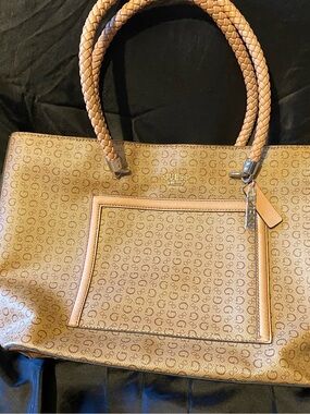 GUESS Tan Logo-Print Braided-Handle Tote with Front Pocket